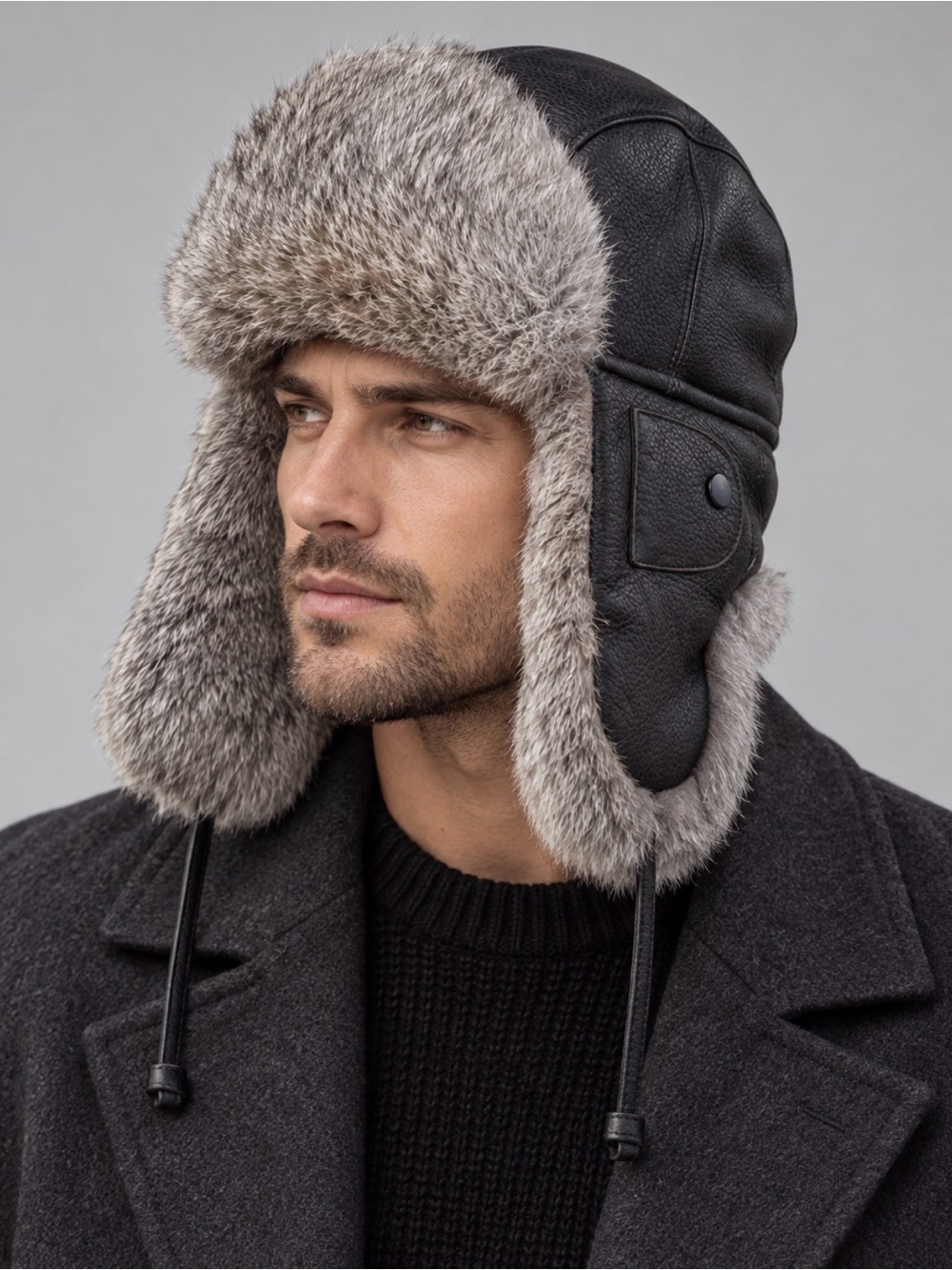OVERLAND Genuine Leather & Rabbit Fur Trapper Hat Medium Brownish Black Unisex